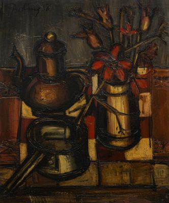 tableau représentant une nature morte composée de fleurs dans un vase et d'une théière posés sur une table