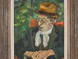 an oil painting of a man in a hat and suit sitting in a chair