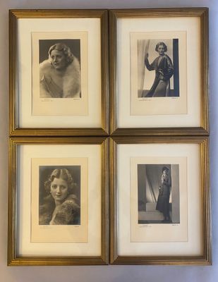 four black and white photographs of a woman in a dress and a man in a tuxedo