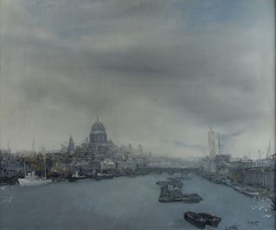 un tableau représentant une vue de ville avec des bateaux sur l'eau