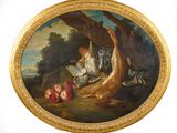 an image of a painting of a child on a swing in a wooded setting