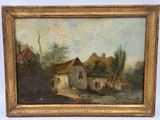 an oil painting of a farm scene with a house and a pond