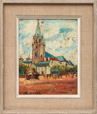 an oil painting of a church with a clock tower in the background