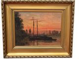 an oil painting of a sailboat on the water at sunset