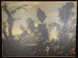 an old painting of a village scene with a man and a woman in the foreground