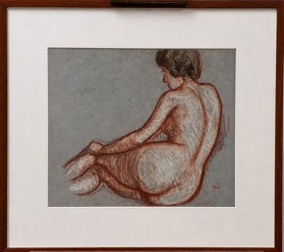 dessin représentant une femme nue assise à genoux, dans un cadre marron