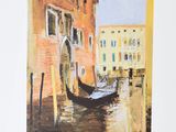 painting of a gondola on a canal with buildings in the background