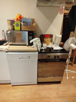 une cuisine équipée d'une cuisinière, d'un lave-vaisselle, d'un micro-ondes et d'autres ustensiles posés sur le plan de travail