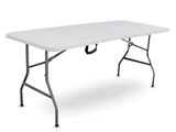 the folding table is white and has a black handle on it