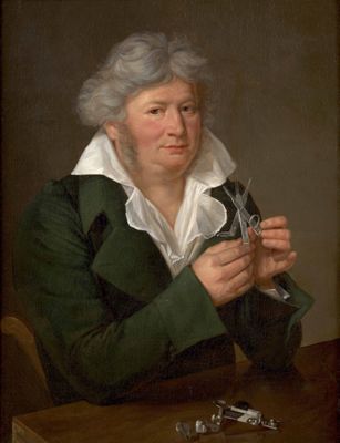 tableau représentant une femme assise à une table, tenant des ciseaux à la main