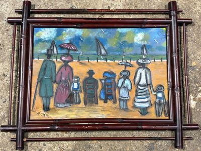 a picture of a painting of a family on the beach