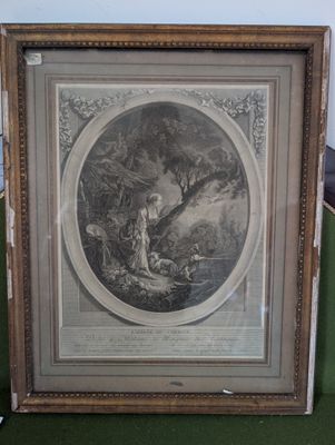 Gravure XIXème L'arrivée du courier, dédié à Madame la Marqu…