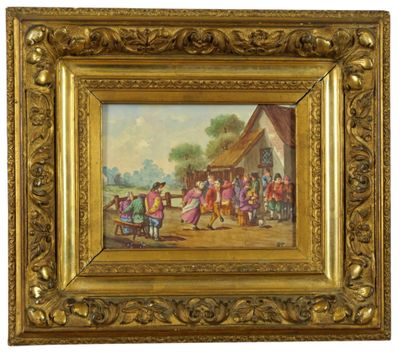 une peinture à l'huile représentant un groupe de personnes dans un village