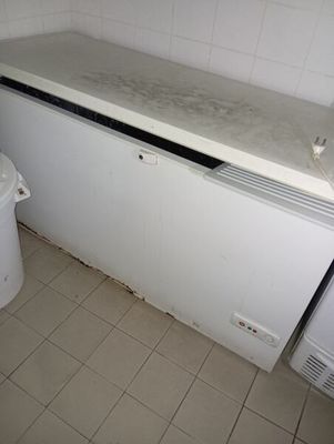 un réfrigérateur blanc et une poubelle blanche dans une petite pièce