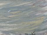 une peinture représentant une personne sur une planche de surf dans l'eau