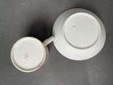 two cups and saucers sitting on top of a table