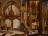 peinture représentant l'intérieur d'une église avec des colonnes et des arcades