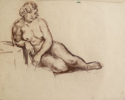 dessin représentant une femme nue assise sur une chaise, les jambes croisées