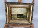 an oil painting of a black cow in a field by a wooden easel