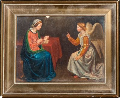an image of a painting of an angel and a woman sitting at a table