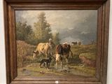 a painting of cows and a dog in a field