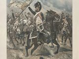 a drawing of a man on a horse holding a flag