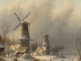 an image of a painting of a winter scene with a windmill in the background