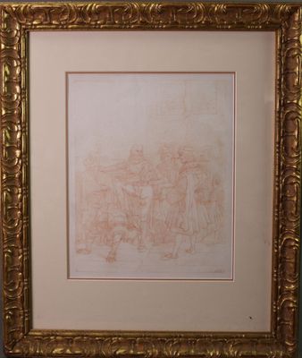 une vieille photo représentant un dessin dans un cadre doré accroché au mur