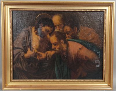 une peinture à l'huile représentant un homme tenant un bébé dans ses bras, en compagnie de deux autres personnes
