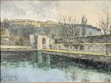 painting of a painting of a river with a castle in the background