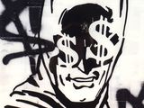 graffiti représentant un homme portant un masque de Batman avec une chauve-souris sur la tête