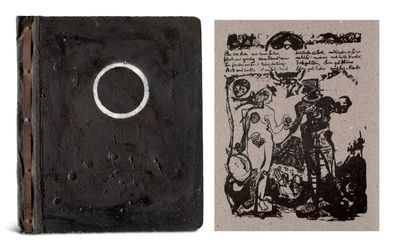 a black book with a drawing on it next to a black book with a drawing on it