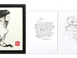two framed drawings of a woman and a poem on a white background