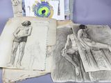 three drawings of a woman sitting on a chair next to a book