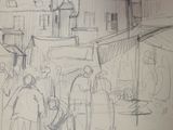 drawing of a group of people standing in front of a building