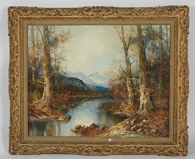 une image d'une peinture représentant une rivière dans une zone boisée