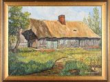 an oil painting of a house with a thatched roof in a field