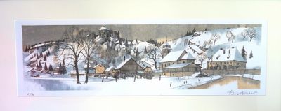 une photo d'un tableau représentant un village sous la neige
