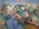 an image of a painting of two women and a man sitting on a hill