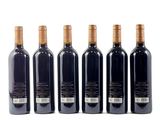six bottles of wine are lined up in a row on a white surface