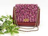 purple tweed and leather handbag with chain strap and chain strap