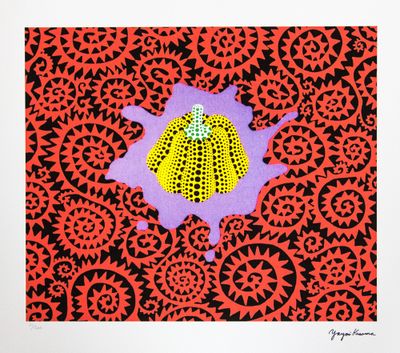 une image représentant une peinture d'une citrouille sur un fond rouge et noir