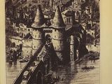 an old book with a picture of a castle on the cover