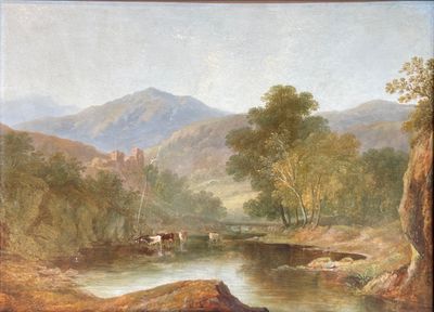 un tableau représentant une rivière avec du bétail