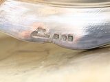 a close up of a silver plate with a spoon on it