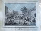 a picture of a painting of a group of people in a village