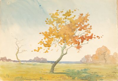 an image of a painting of a tree in a field