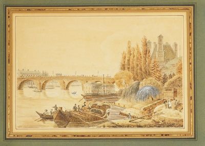tableau représentant une scène fluviale avec des bateaux et un pont en arrière-plan
