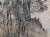 a painting of a dirt road with trees on the side