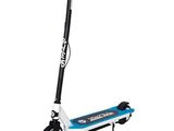 a white and blue scooter with a black handle